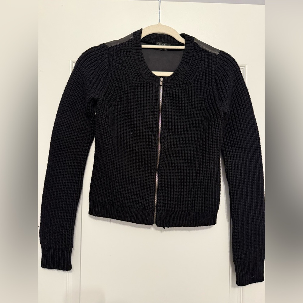 Theory Black Crew Neck Wool and Leather Sweater